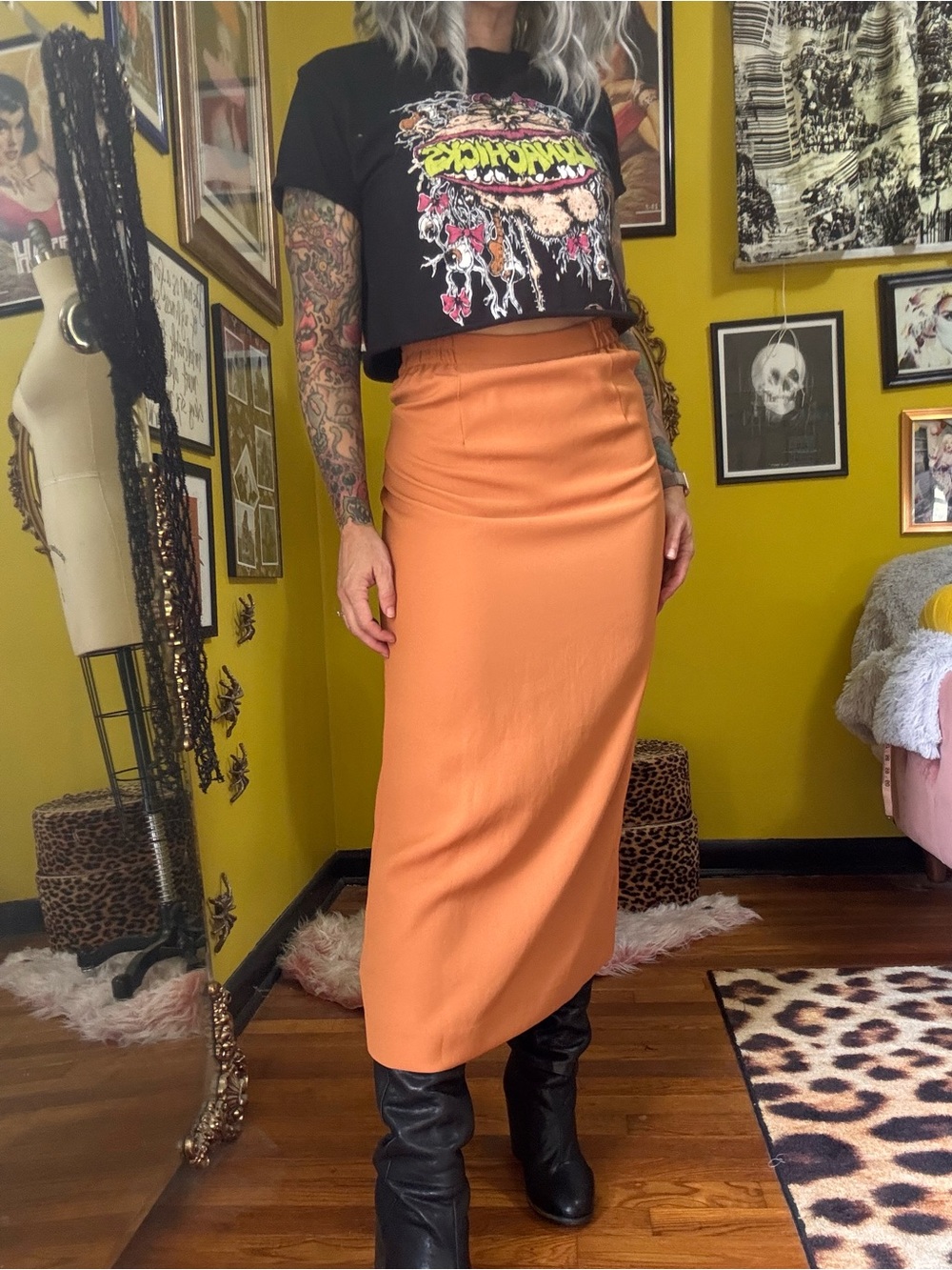 Vintage Mustard Brown High Waist Midi Skirt